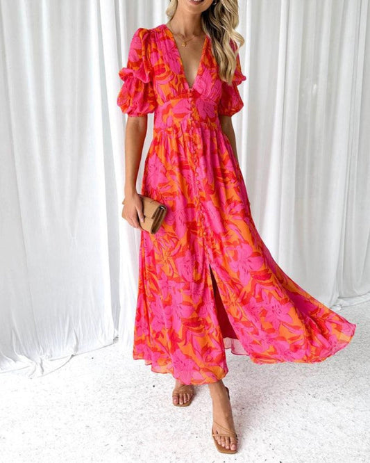 Alva™ Elegant V-Neck Puff Sleeve Maxi Dress